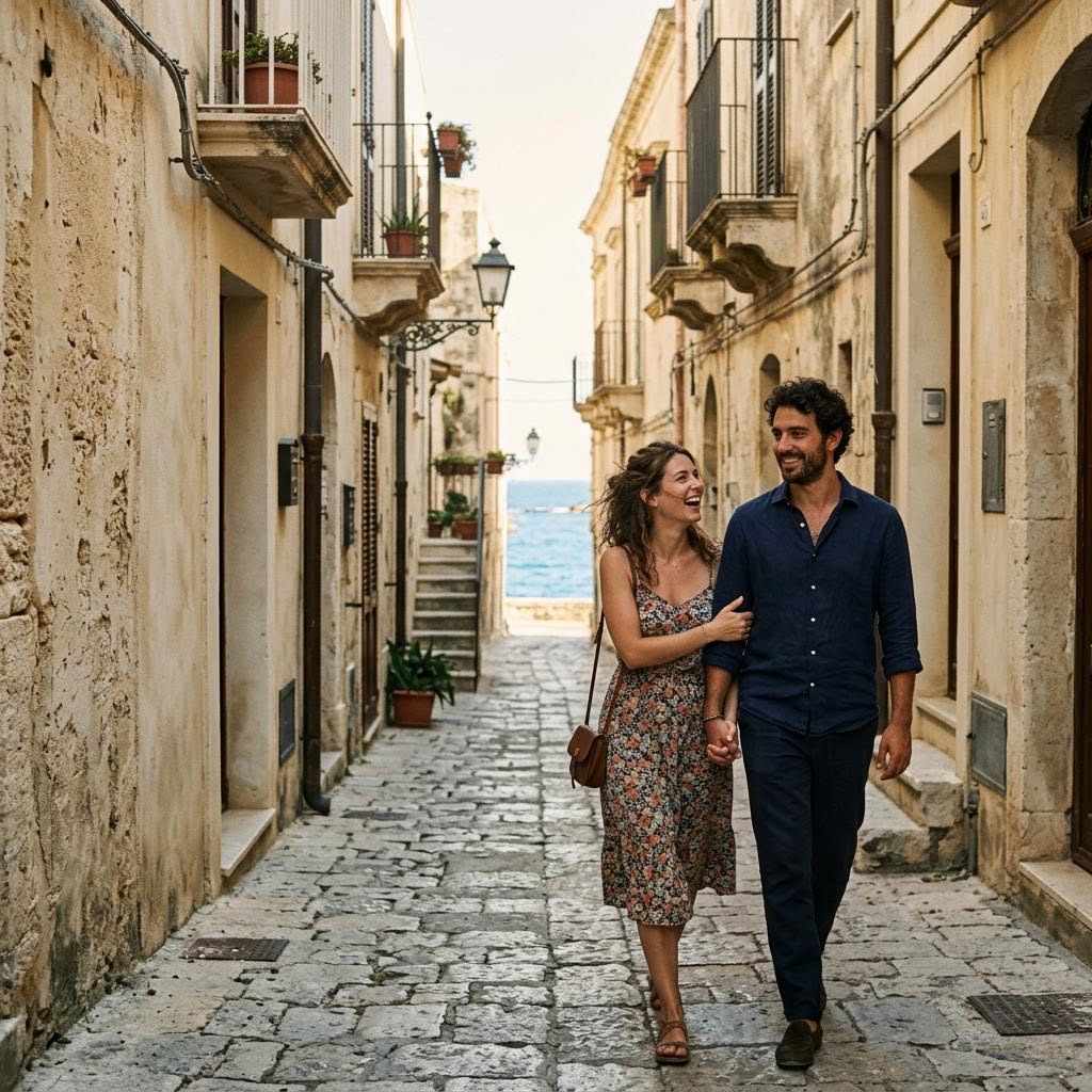 Una coppia cammina tra i vicoli chiari di Ortigia